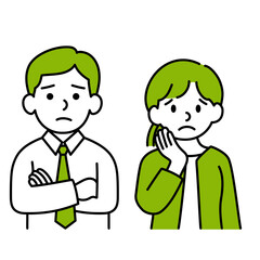 困り顔の男女のイラスト　グリーン