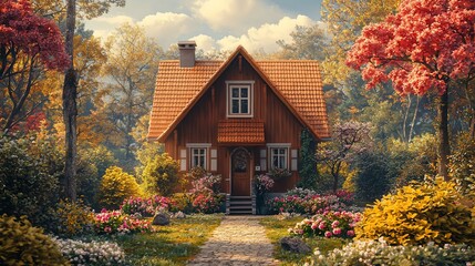 Idyllic autumnal wooden house nestled in vibrant forest.