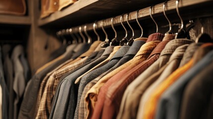 Fototapeta premium Perfectly Organized Closet with Neatly Hung Clothes in Elegant Setting