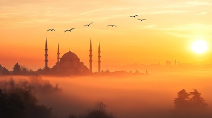 Naklejka premium Mosque Silhouette Sunrise Misty Landscape