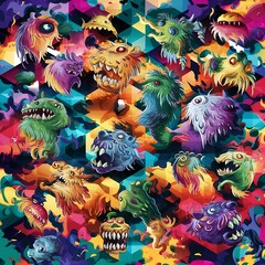 Fototapeta premium Seamless bright abstract geometric background with monsters, vector
