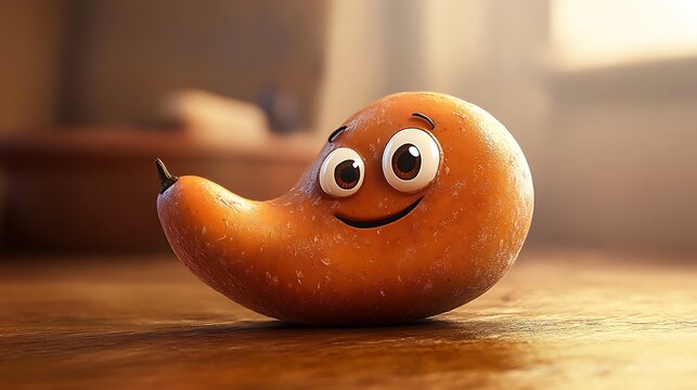 A tamarind with tiny cartoon eyes and a joyful expression on a warm brown background