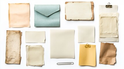 A collection of vintage blank paper, notes, and sticky notes on a white background with a clipping path. 