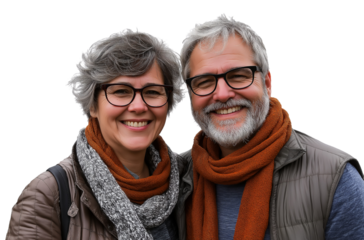 A middle-aged couple, smiling and wearing casual with scarves around their necks, against a transparent background
