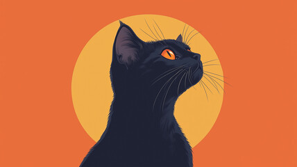 オレンジの背景に黒猫の横顔