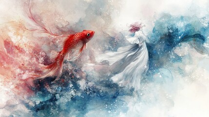 Ethereal Interaction Between Goldfish and Floating Figure in Watercolor