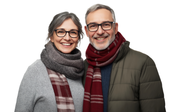 A middle-aged couple, smiling and wearing casual with scarves around their necks, against a transparent background
