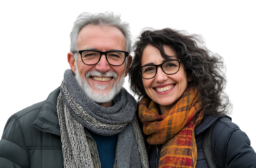 A middle-aged couple, smiling and wearing casual with scarves around their necks, against a transparent background