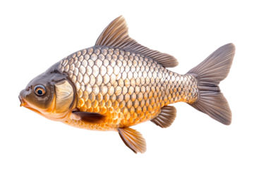 Closeup of fresh common carp fish with detailed scales and fins, isolated on white transparent background, concept of aquatic life