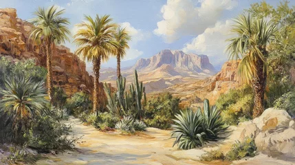 Gordijnen Desert Oasis Path Leading Towards Majestic Mountains © Rere_Art151
