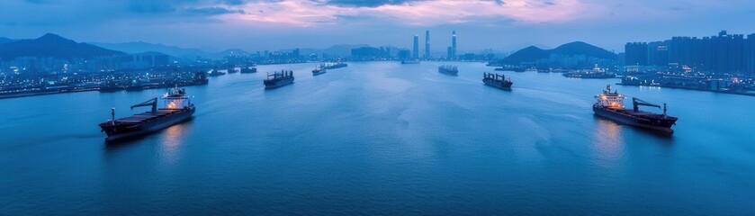 Naklejka premium Container ships navigating tranquil harbor at dusk marine landscape aerial view serene atmosphere