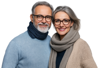 A smiling middle-aged couple, a man and a woman dressed in light-colored with scarves around their necks, isolated on a transparent PNG background
