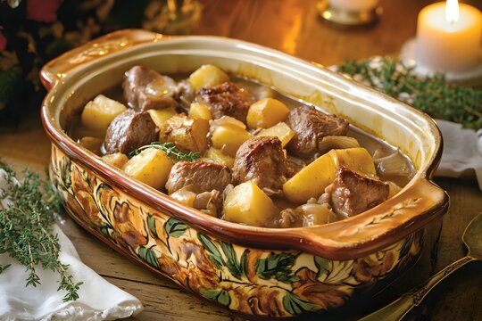 Traditional Alsatian terrine with steaming Baeckeoffe, rustic and cozy charm