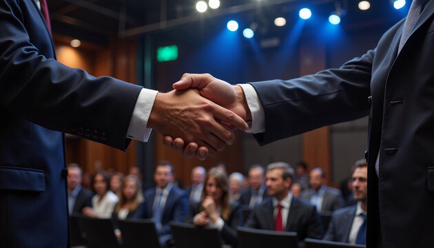 Close-up handshake at business conference, unity for success