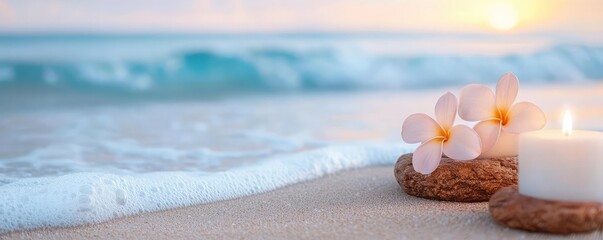 Mindful living concept. A yoga session on a beach at dawn, with waves gently rolling onto the shore