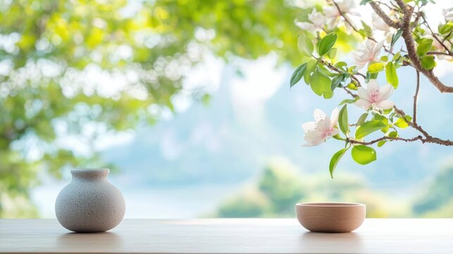 Mindful living concept. A meditative workspace featuring a clutter-free desk and a view of nature through a large window