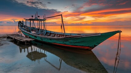 Majestic sunset over abandoned fishing boat on tranquil waters, showcasing vibrant colors reflecting on serene surface, creating a peaceful coastal atmosphere