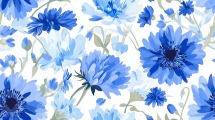 Blue cornflower pattern on pale blue backdrop, intricate design, suitable for textiles, wallpaper, and home decor applications