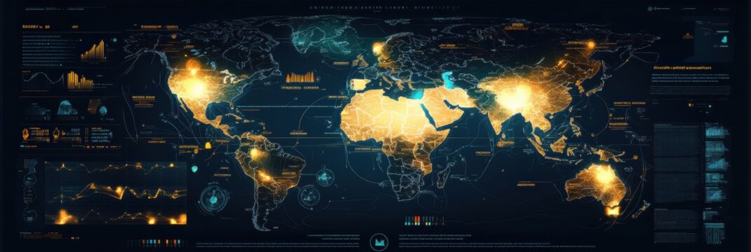 Global data visualization map showcasing real time statistics and analytics across continents and regions. Generative AI