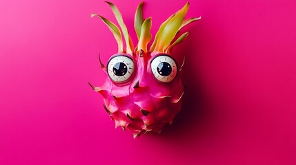 Fototapeta premium A dragonfruit with funny cartoon eyes and a quirky look on a bright pink background