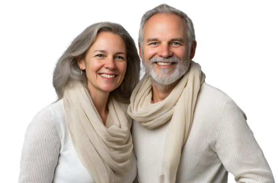 A smiling middle-aged couple, a man and a woman dressed in light-colored with scarves around their necks, isolated on a transparent PNG background