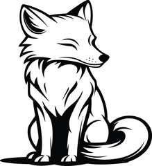 Obraz premium Sitting fox with bushy tail. Black and white line art illustration. Realistic forest animal theme for coloring book design. Flat illustration. 