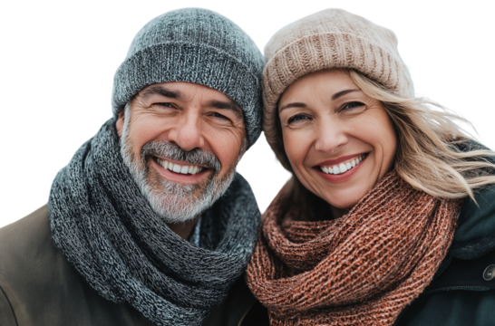 Cute middle-aged couple smiling, wearing a scarf and hat, isolated on a transparent PNG background