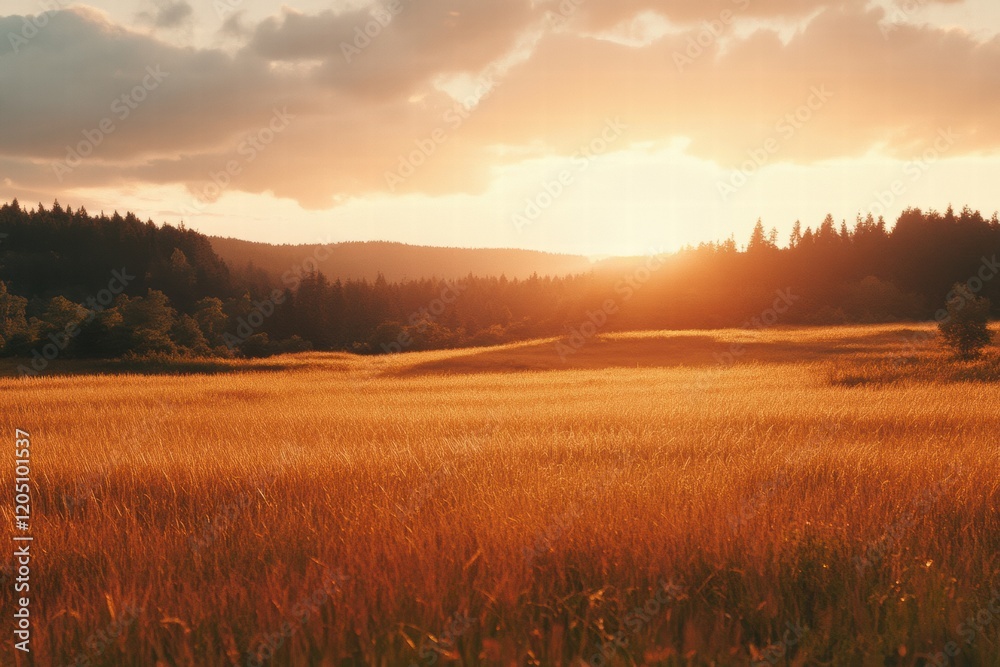 Poster sunset illuminates golden fields with distant hills and forest backdrop during peaceful evening in n