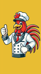 Rooster mascot in chef costume with thumbs up pose