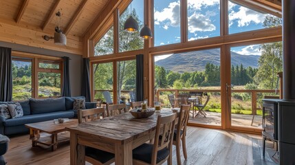 Obraz premium Mountain View Retreat: A cozy living space bathed in natural light, with a rustic wooden dining table and plush sofa.