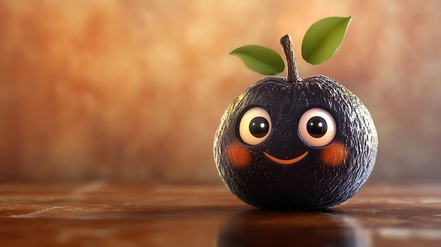 A black sapote with cute cartoon eyes and a joyful expression on a soft brown background