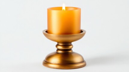 An elegant candle holder made of brass, holding a lit candle, isolated on white,