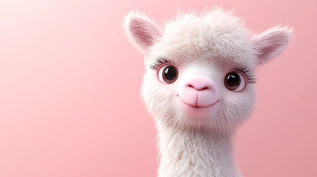 A ilama with charming cartoon eyes and a gentle smile on a light pink background
