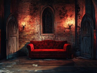 Red Couch Against Brick Wall
