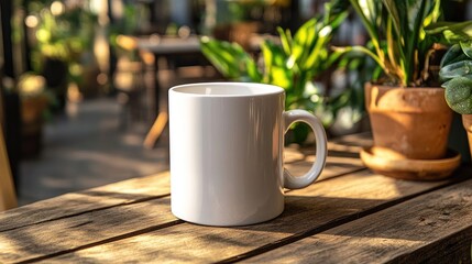 White Coffee Mug on Rustic Wooden Table in Sunlit Outdoor Cafe with Greenery
