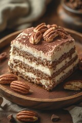 Wooden plate with slice of cake