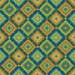 geometric ornament. ethnic carpet. vector seamless pattern. repetitive background. patchwork fabric swatch. wrapping paper. continuous print. textile design template. green, blue, orange colors