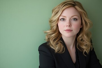 Fototapeta premium Portrait of Professional Woman in Black Jacket Against Green Background