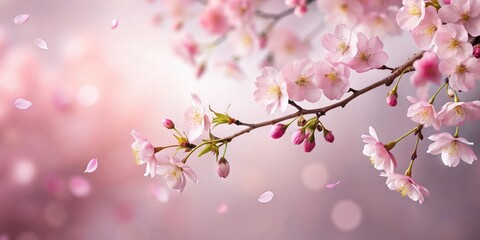 Soft pink sakura petals gently falling from a delicate cherry blossom branch against a subtle gradient background, gentle fall, spring flowers
