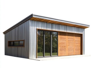 Fototapeta premium Modern Metal Garage Studio: Sleek and functional, this contemporary garage boasts corrugated metal siding, large sliding glass doors, and a contrasting wood-paneled garage door.