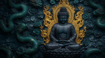 Obraz premium Serene Buddha with Dragon Guardians: A dark blue Buddha statue, radiating serenity, sits enthroned amidst intricately carved golden dragons and teal floral motifs.