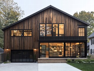 Obraz premium Modern Farmhouse Exterior: A stunning modern farmhouse with dark wood siding, large black-framed windows, and a sleek garage door. The warm lighting inside creates a inviting atmosphere.