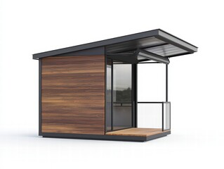 Modern Tiny House with Deck: Sleek, contemporary design of a small, sustainable home featuring wood siding, a glass sliding door, and a small deck, perfect for minimalist living. 