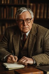 Elderly Scholar Writing in Vintage Library with Historic Books