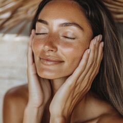 Close-up of serene woman with freckles enjoying peaceful moment of relaxation