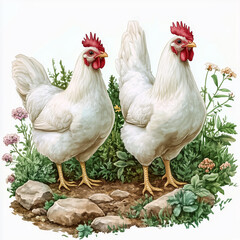 Fototapeta premium Illustration of the Domestic Chicken, soft watercolor tones, white background, detailed illustration, cartoonish.