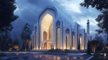 Fototapeta premium Modern Mosque Architecture Illuminated At Dusk