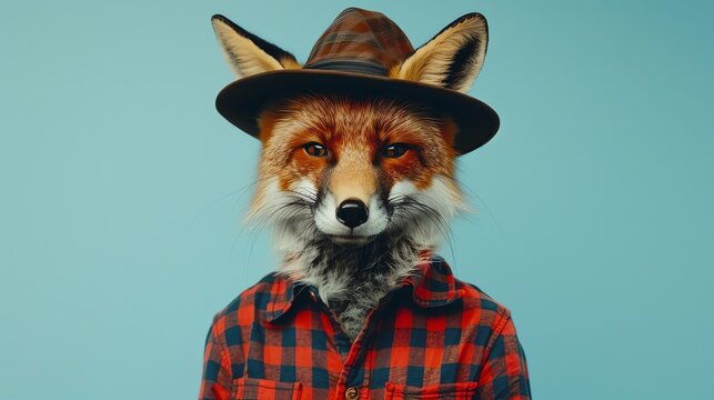 A close-up portrait of a red fox wearing a brown hat and a red and black plaid shirt. The fox is looking at the camera with a serious expression.