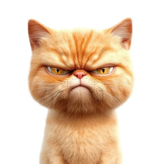 A cartoonish orange cat with a grumpy expression and striking yellow eyes.