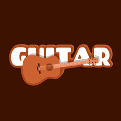 National Guitar Day to celebrate on February 11th. An acoustic guitar with bold text on brown background. Musical instrument events